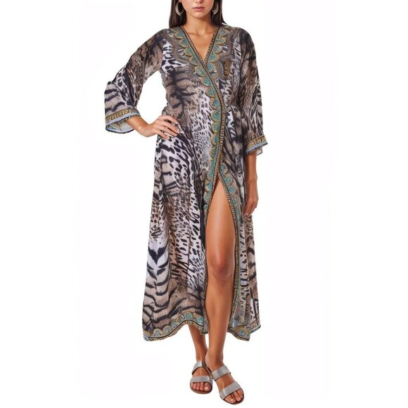 Chia Multi Animal Print Embellished Wrap Kimono Cover Up - One Size Fits All - Picture 4 of 6